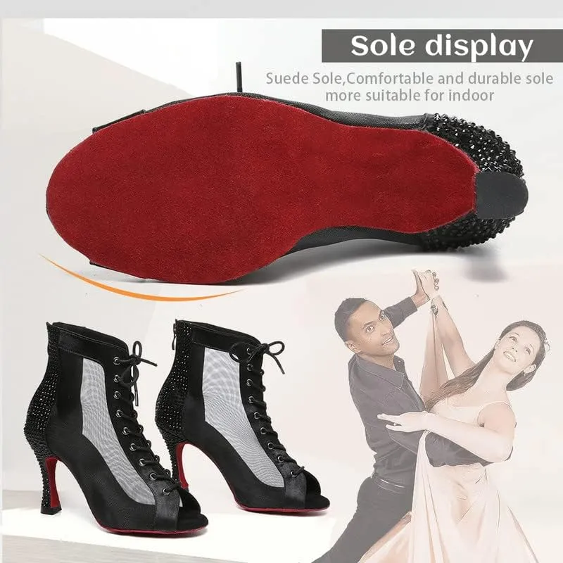 JUODVMP Women Mesh Dance Boots Open Toe Ballroom Dance Shoes Practice Performance Heels,with Rhinestones