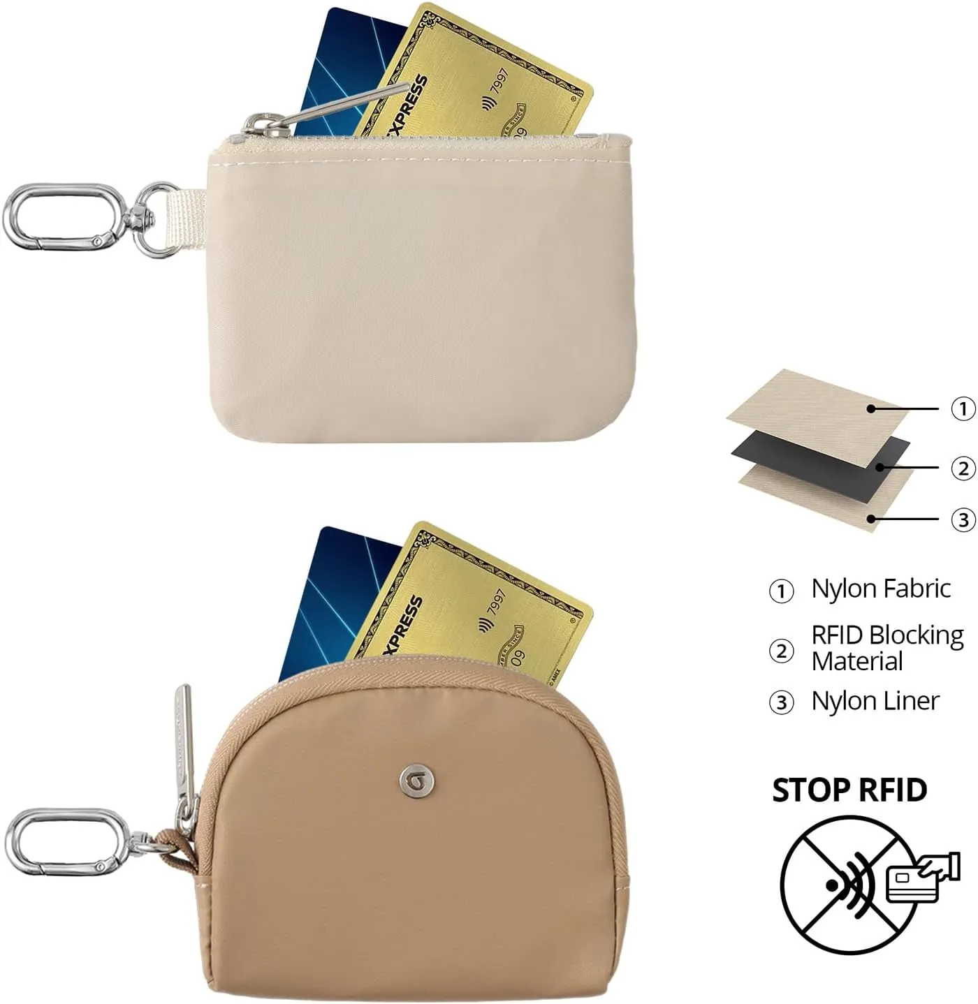 Keychain Wallet Mini Zip Around Wristlet Wallets for Women Detachable Dual Pouch Wristlet Portable Coin Purse Small Wallets With RFID Blocking (Brown & Khaki)