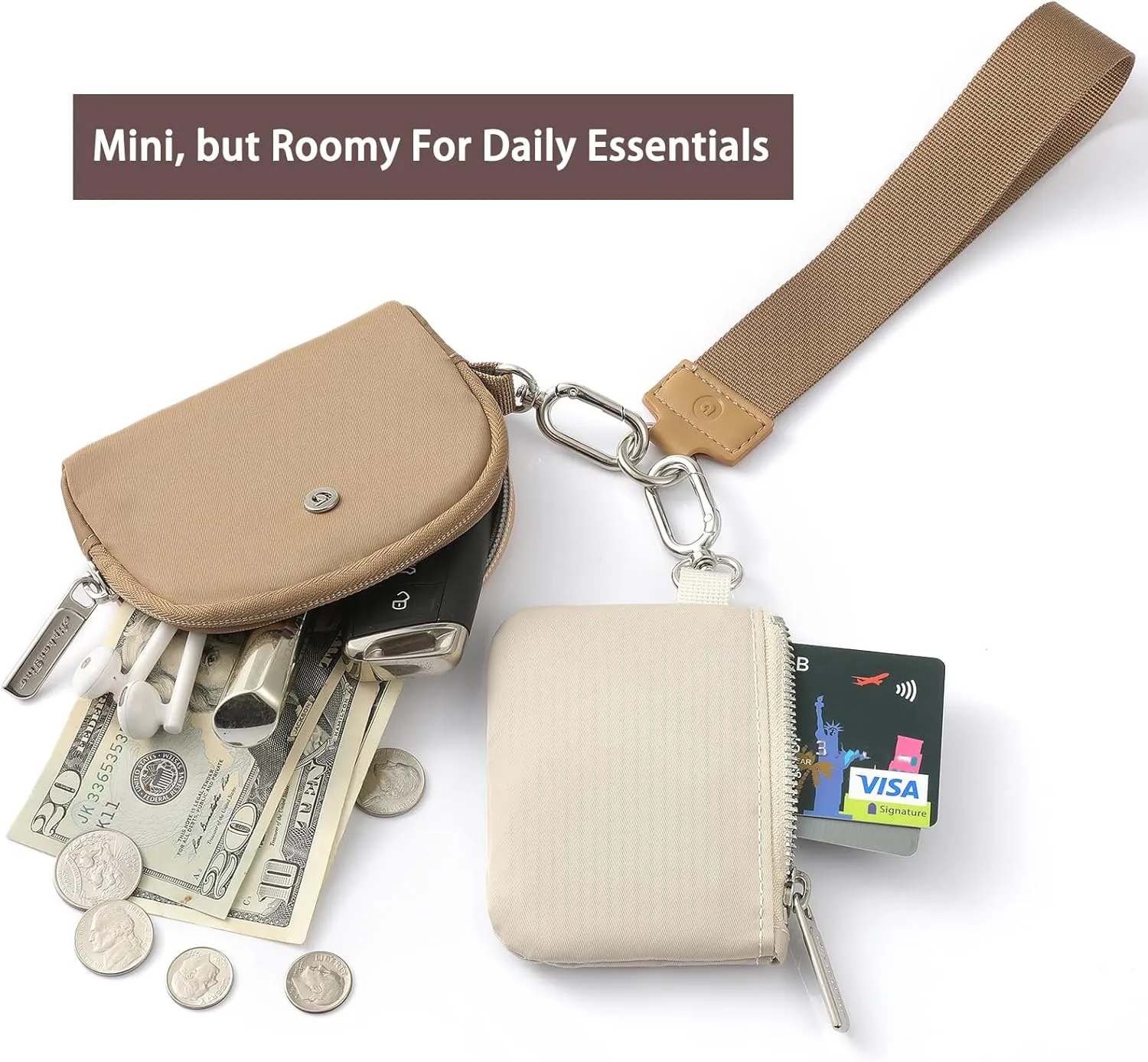 Keychain Wallet Mini Zip Around Wristlet Wallets for Women Detachable Dual Pouch Wristlet Portable Coin Purse Small Wallets With RFID Blocking (Brown & Khaki)