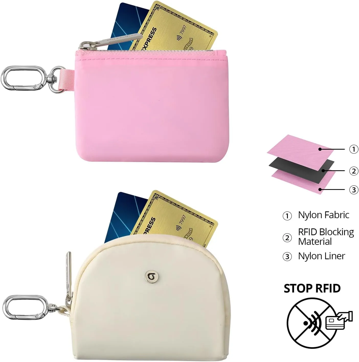 Keychain Wallet Mini Zip Around Wristlet Wallets for Women Detachable Dual Pouch Wristlet Portable Coin Purse Small Wallets With RFID Blocking (Pink & Cream)