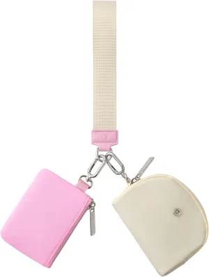 Keychain Wallet Mini Zip Around Wristlet Wallets for Women Detachable Dual Pouch Wristlet Portable Coin Purse Small Wallets With RFID Blocking (Pink & Cream)