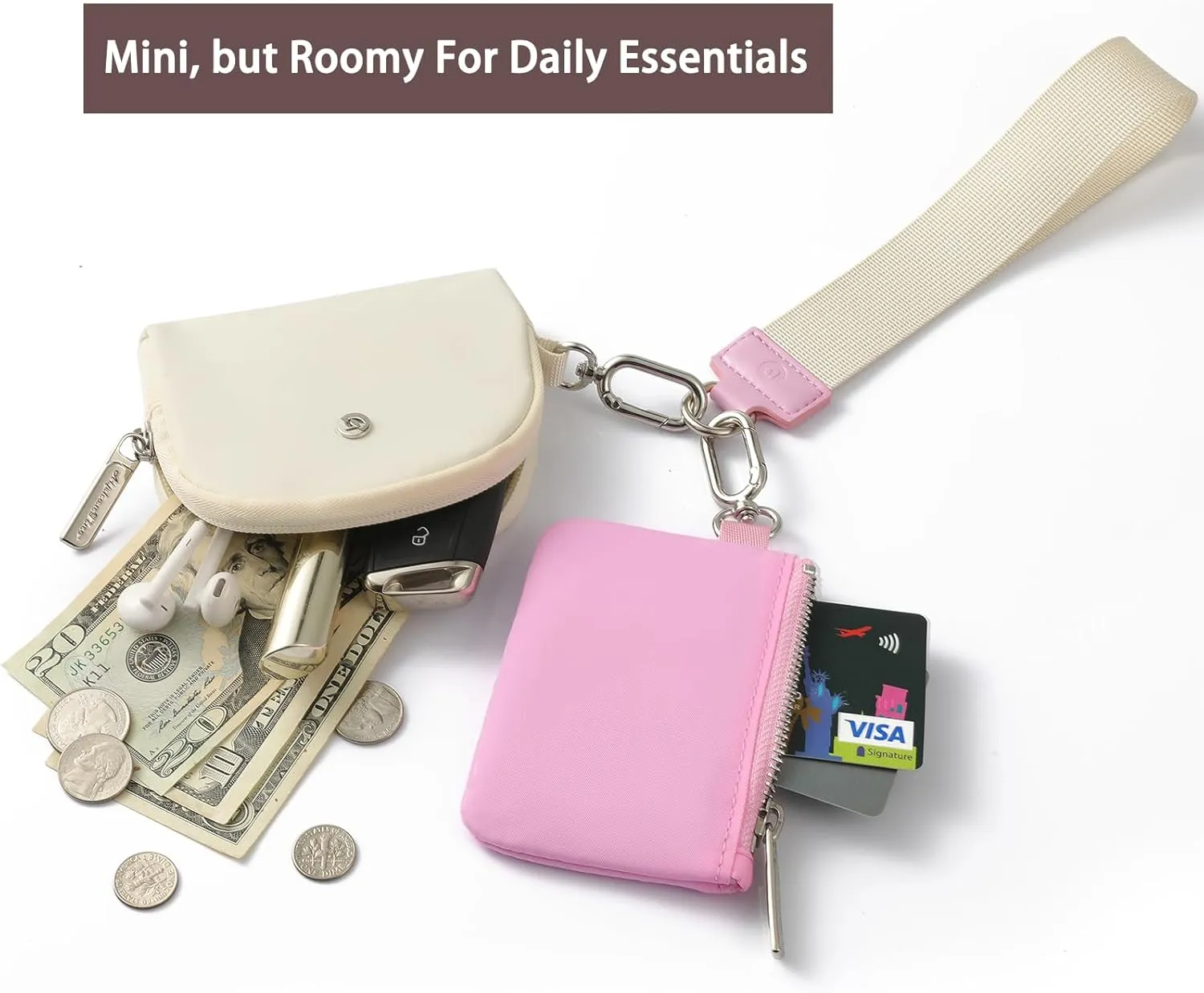 Keychain Wallet Mini Zip Around Wristlet Wallets for Women Detachable Dual Pouch Wristlet Portable Coin Purse Small Wallets With RFID Blocking (Pink & Cream)
