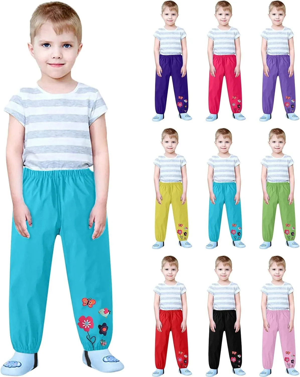 Kids Rain Pants Flower Printed Waterproof Insulated Mud Dirty Proof Elastic Trousers Toddler Lightweight Rainwear