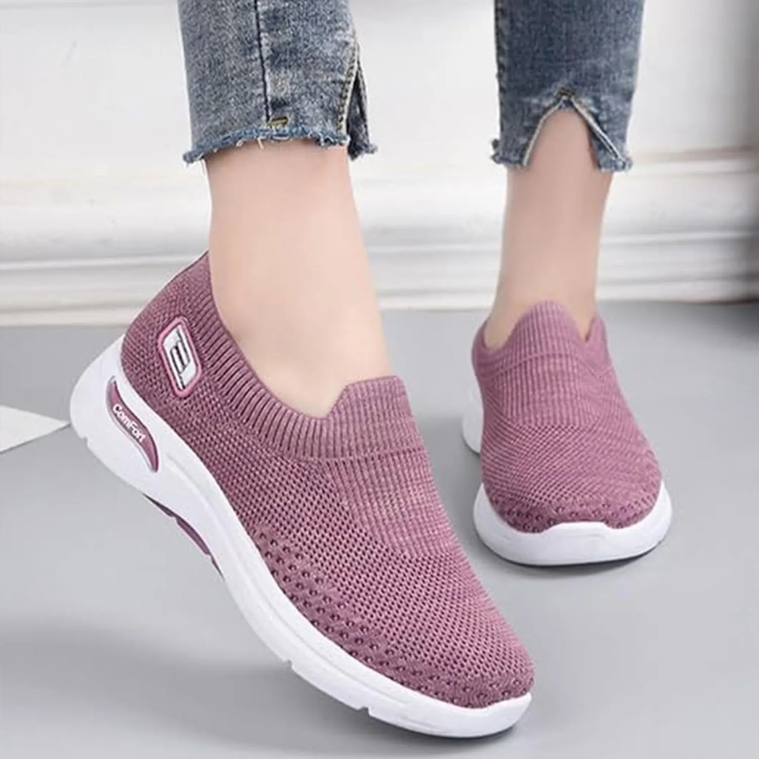 Knitted Sneakers for Women Comfortable Breathable Slip on Platform Orthopedic Sneakers Wide Width Soft Sole with Arch Support Lightweight Walking Workout Sport Work Tennis Shoes Casual Daily Wear