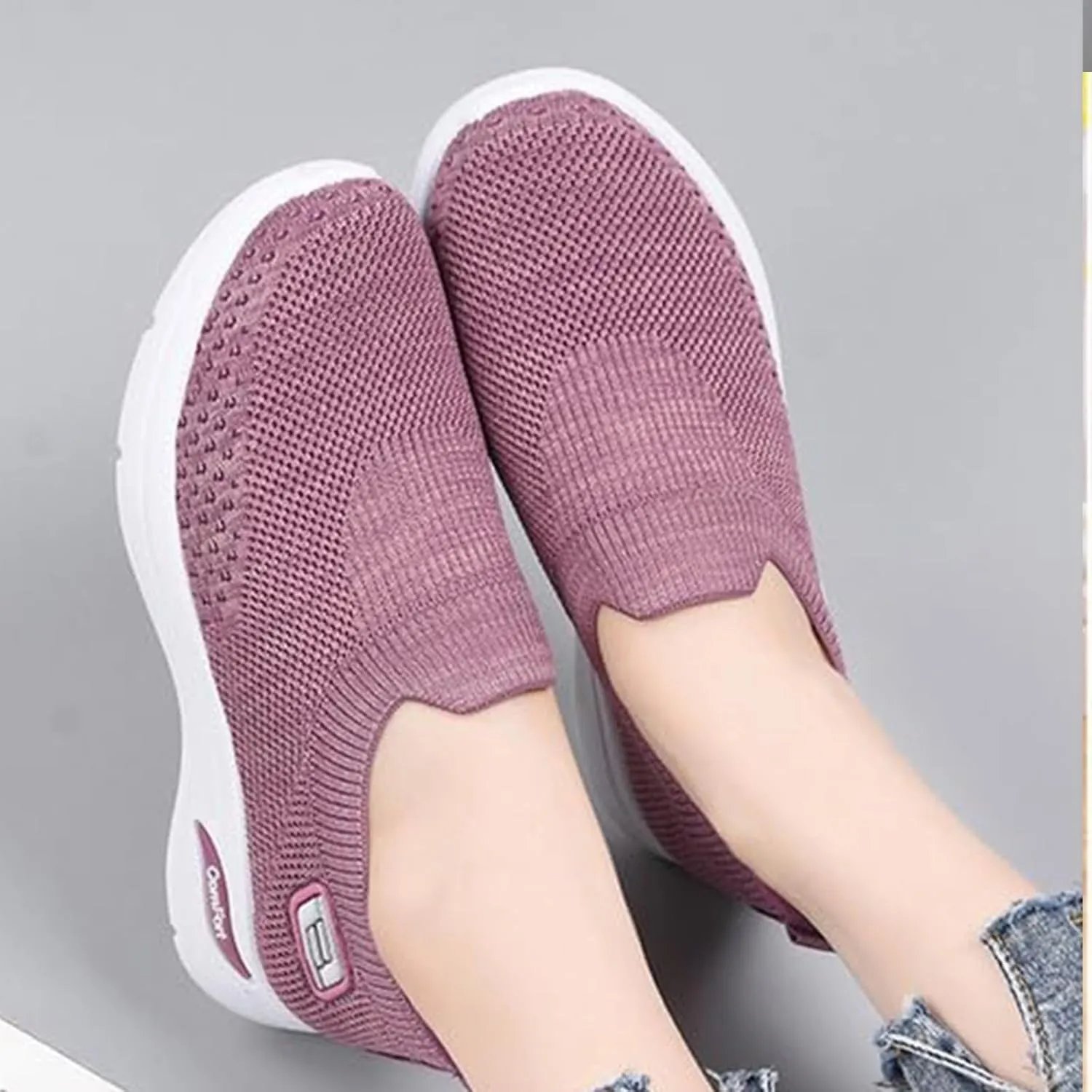Knitted Sneakers for Women Comfortable Breathable Slip on Platform Orthopedic Sneakers Wide Width Soft Sole with Arch Support Lightweight Walking Workout Sport Work Tennis Shoes Casual Daily Wear