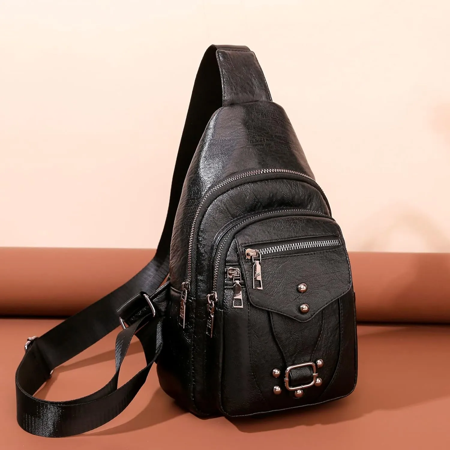 Ladies Chest Bags Soft Leather Feeling Crossbody Bags Large Capacity Simple Retro Shoulder Bag Mini (Black, One Size)