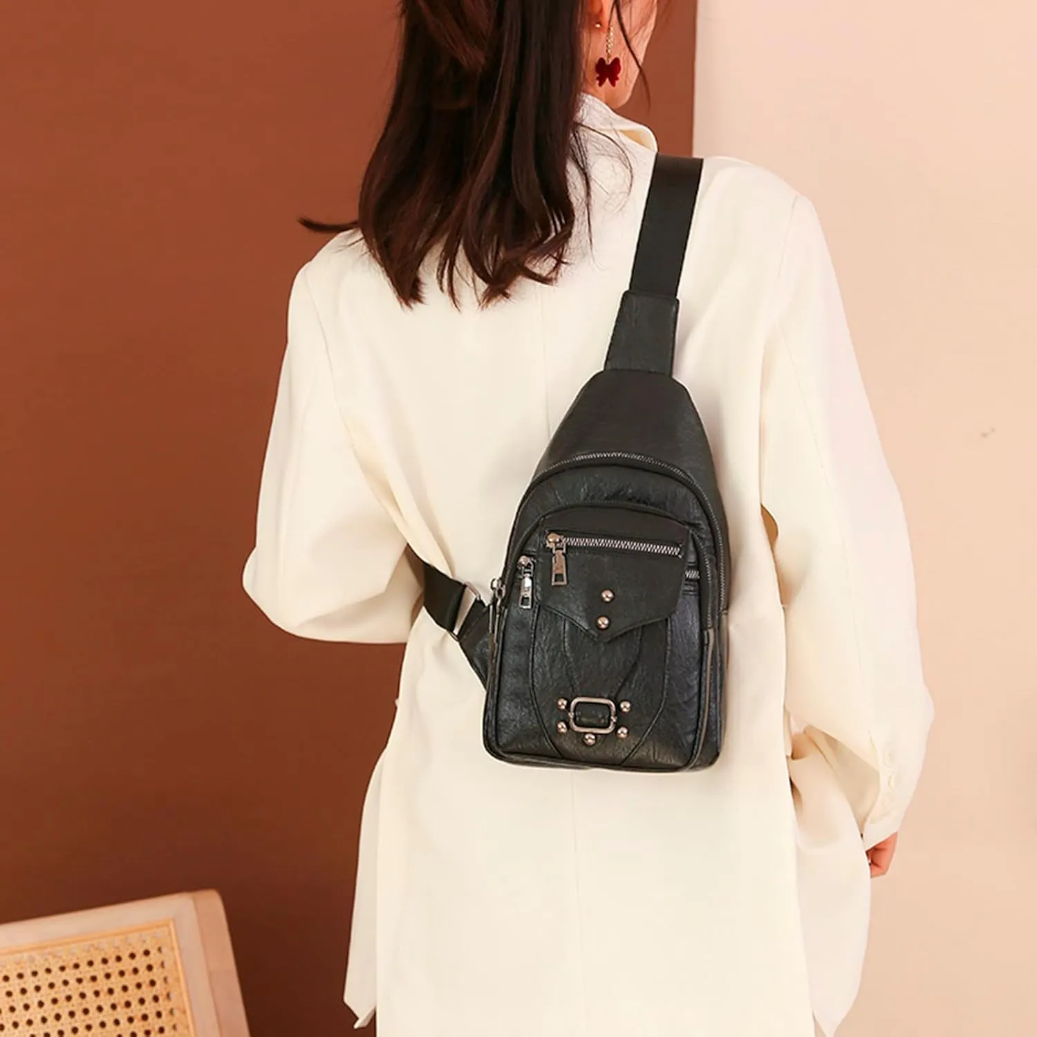 Ladies Chest Bags Soft Leather Feeling Crossbody Bags Large Capacity Simple Retro Shoulder Bag Mini (Black, One Size)