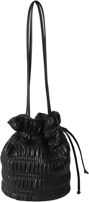 Ladies Crossbody Bag Shoulder Bag Large Capacity Personality Solid Colour Bright Surface Drawstring (Black, One Size)
