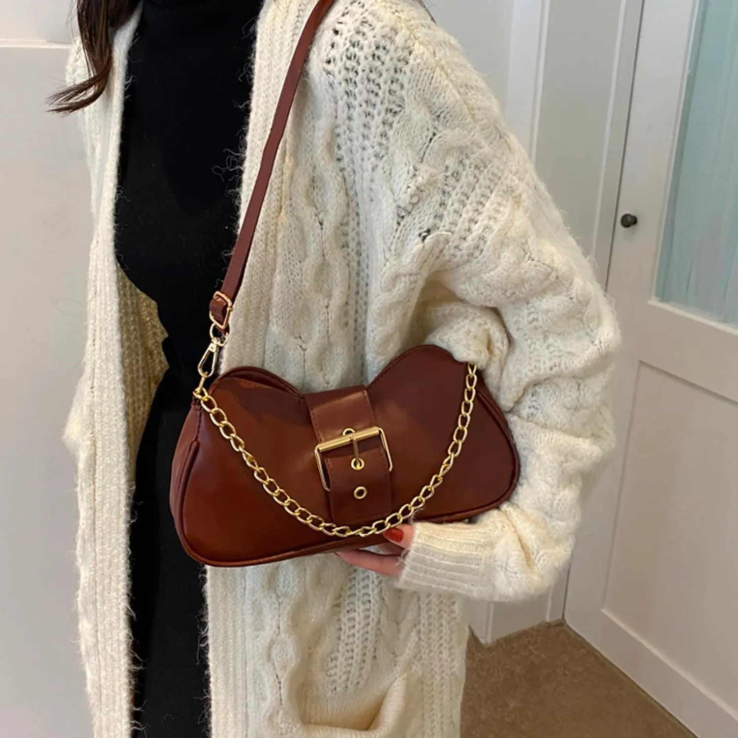 Ladies Fashion Retro Solid Color Leather Metal Adjustable Shoulder Strap Messenger Bag Slim Briefcases (Brown, One Size)