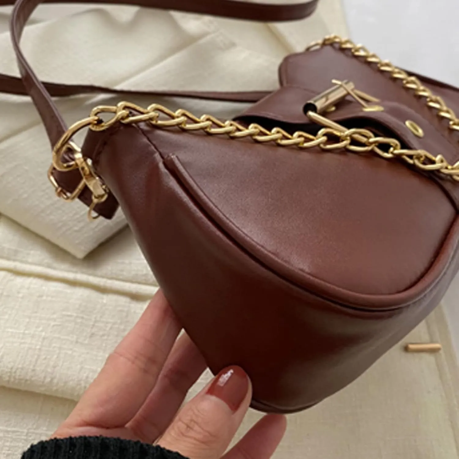 Ladies Fashion Retro Solid Color Leather Metal Adjustable Shoulder Strap Messenger Bag Slim Briefcases (Brown, One Size)
