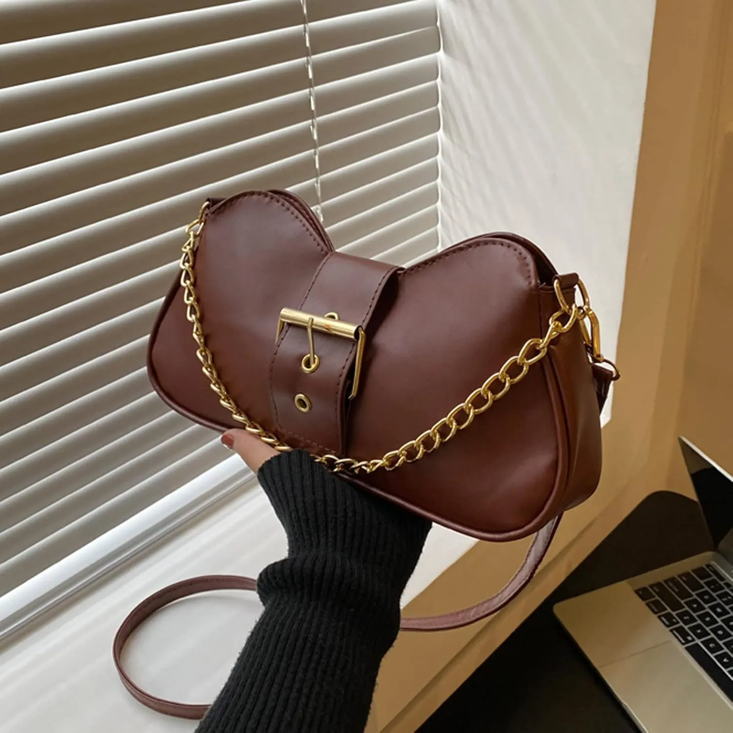 Ladies Fashion Retro Solid Color Leather Metal Adjustable Shoulder Strap Messenger Bag Slim Briefcases (Brown, One Size)