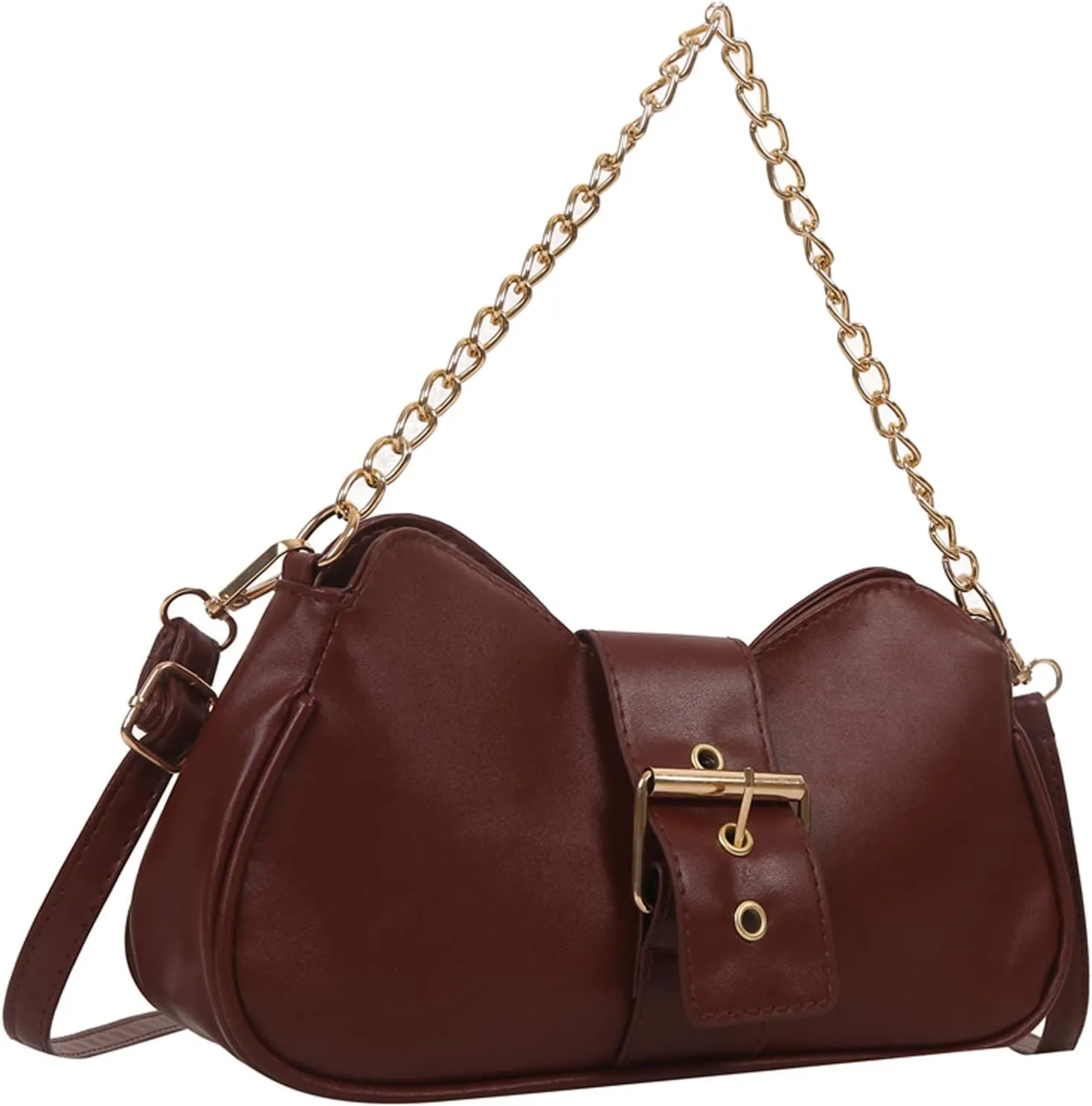 Ladies Fashion Retro Solid Color Leather Metal Adjustable Shoulder Strap Messenger Bag Slim Briefcases (Brown, One Size)