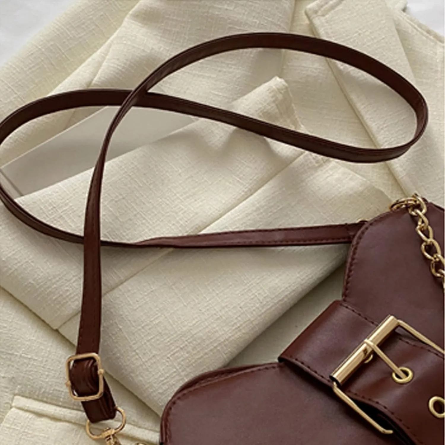 Ladies Fashion Retro Solid Color Leather Metal Adjustable Shoulder Strap Messenger Bag Slim Briefcases (Brown, One Size)