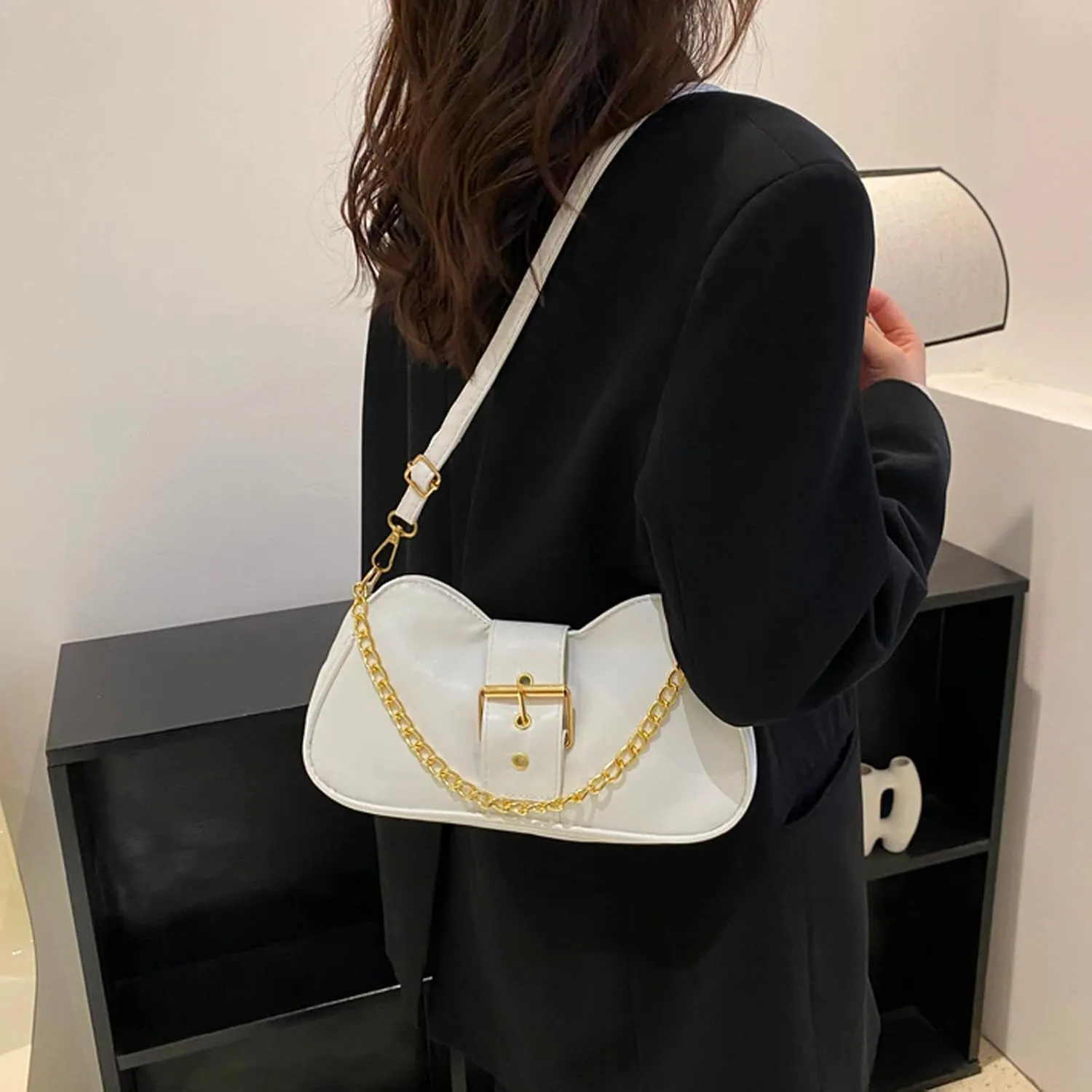 Ladies Fashion Retro Solid Color Leather Metal Adjustable Shoulder Strap Messenger Bag Slim Briefcases (White, One Size)