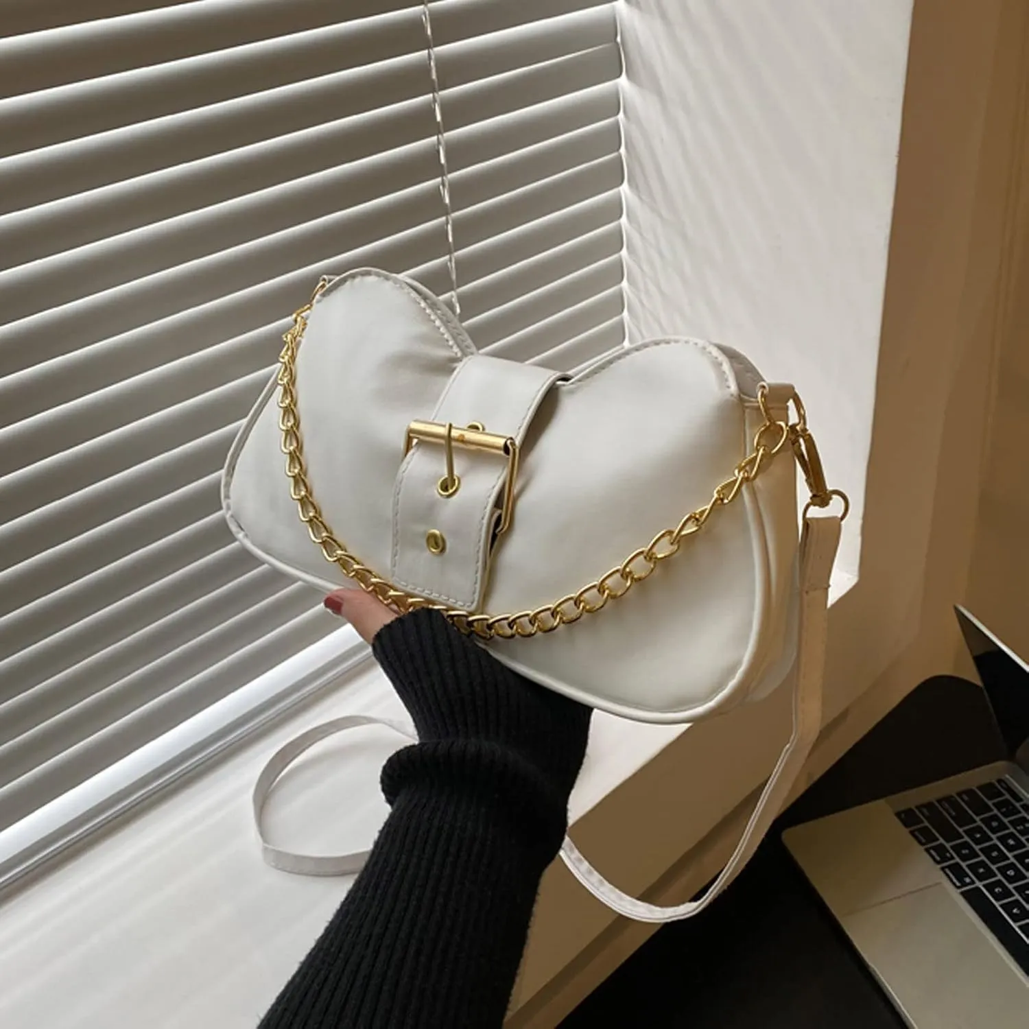 Ladies Fashion Retro Solid Color Leather Metal Adjustable Shoulder Strap Messenger Bag Slim Briefcases (White, One Size)