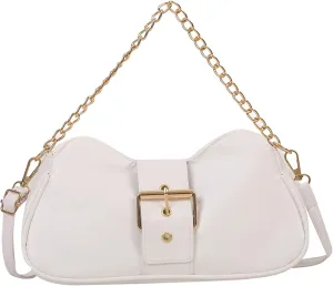 Ladies Fashion Retro Solid Color Leather Metal Adjustable Shoulder Strap Messenger Bag Slim Briefcases (White, One Size)