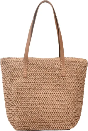 Large Straw Beach Bag for Womens, Straw Handbag Woven Tote Bag With Zipper Summer Straw Shoulder Bag