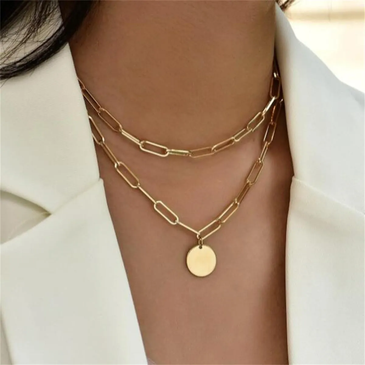 Layered Gold Silver Necklaces Chunky Stack Layered Chain Choker Necklace Herringbone Gold Necklaces Cuban Link Paperclip Necklace
