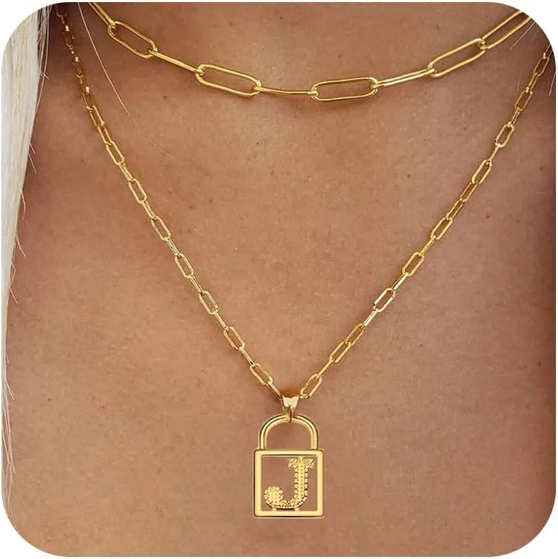 Layered Initial Necklaces for Women, 14K Gold Plated Dainty Paperclip Chain Necklace Simple Lock Letter Pendant Personalized Initial Choker Necklace Gold Layered Necklaces for Women Mother's Day Jewelry Gifts