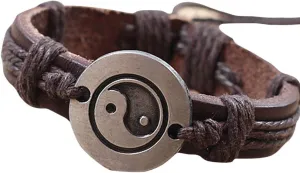 Leather Bracelet Metal Yin Yang Taiji Bracelet Bangles Leather Bracelet Brown for Men Women Personality Fengshui Bracelet