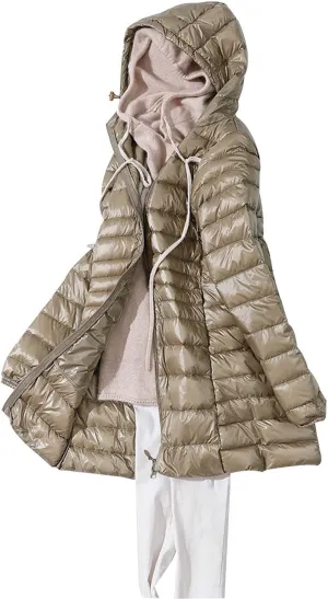 Lightweight Jacket Women Women's Solid Color Mid Length Hooded Down Jacket With Drawstring Slim Fit Womens Black