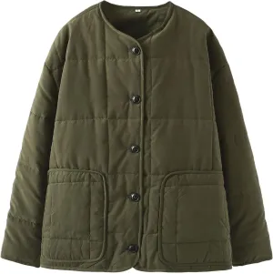 Lightweight Plus Size Puffer Jacket for Women Solid Button Down Round Neck Down Coats Outwear with Pockets
