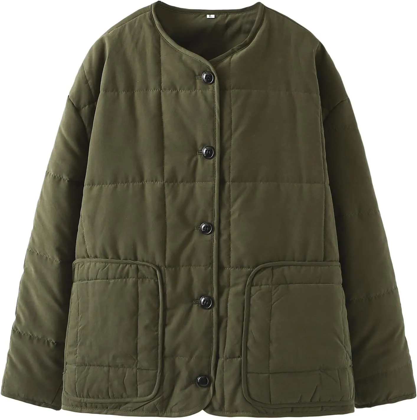 Lightweight Plus Size Puffer Jacket for Women Solid Button Down Round Neck Down Coats Outwear with Pockets