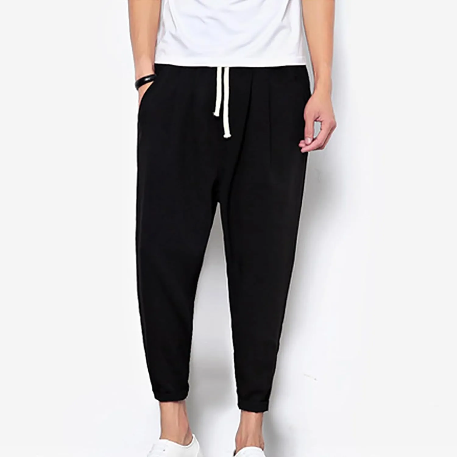 Linen Capri Pants Men Baggy Harem Pants Drawstring Lounge Pants Elastic Waist Capris Casual Summer Ankle Pants