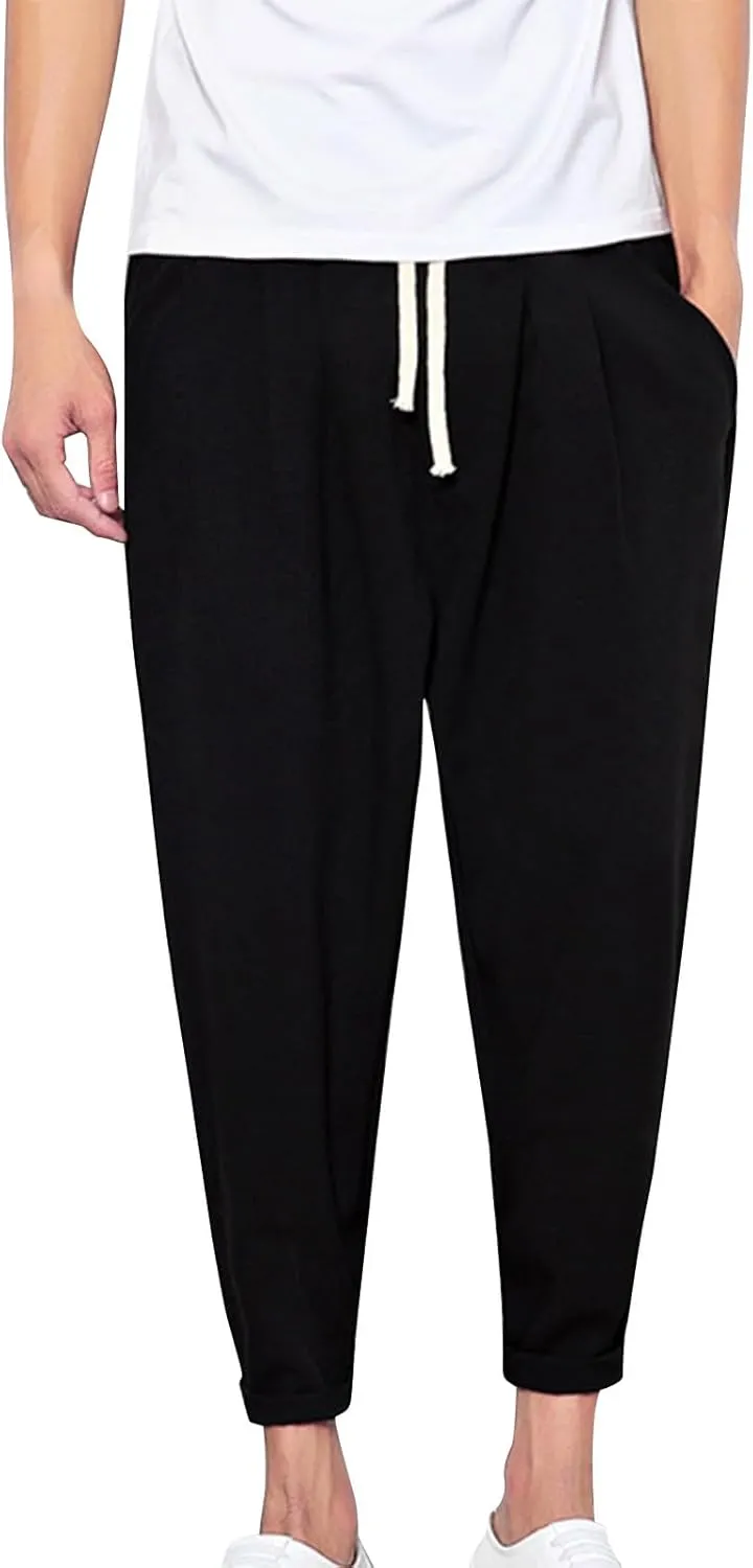 Linen Capri Pants Men Baggy Harem Pants Drawstring Lounge Pants Elastic Waist Capris Casual Summer Ankle Pants