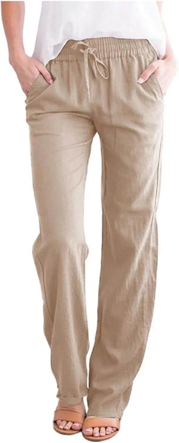 Linen Pants for Women 2025 Plus Size High Waisted Elastic Straight Lounge Pants Casual Comfy Trousers with Pockets