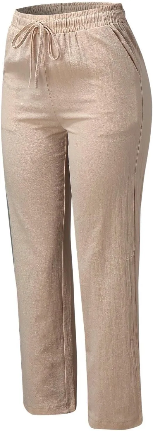 Linen Pants for Women 2025 Plus Size High Waisted Elastic Straight Lounge Pants Casual Comfy Trousers with Pockets