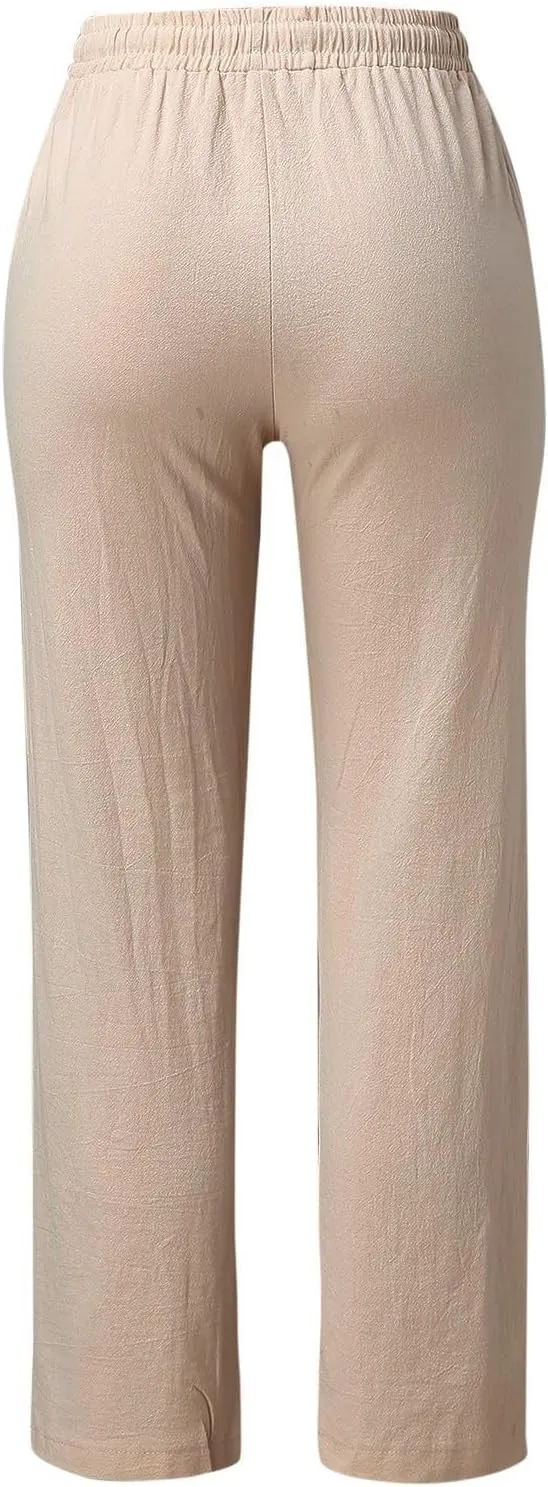 Linen Pants for Women 2025 Plus Size High Waisted Elastic Straight Lounge Pants Casual Comfy Trousers with Pockets