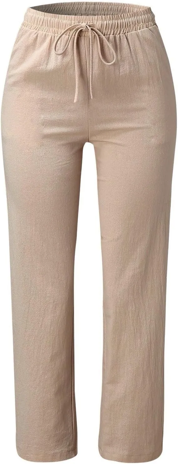 Linen Pants for Women 2025 Plus Size High Waisted Elastic Straight Lounge Pants Casual Comfy Trousers with Pockets