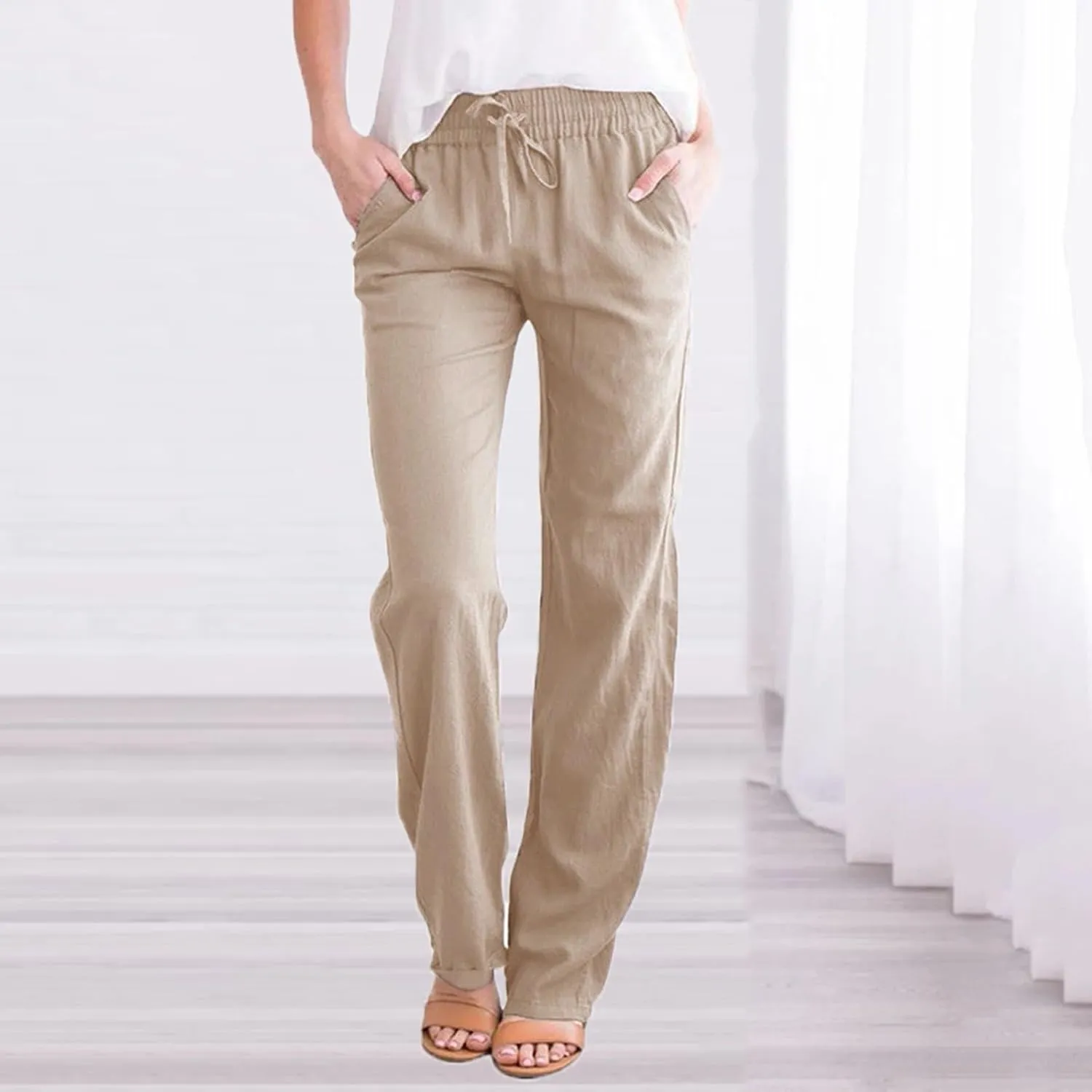 Linen Pants for Women 2025 Plus Size High Waisted Elastic Straight Lounge Pants Casual Comfy Trousers with Pockets