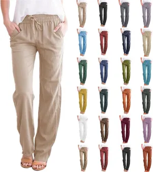 Linen Pants for Women 2025 Plus Size High Waisted Elastic Straight Lounge Pants Casual Comfy Trousers with Pockets