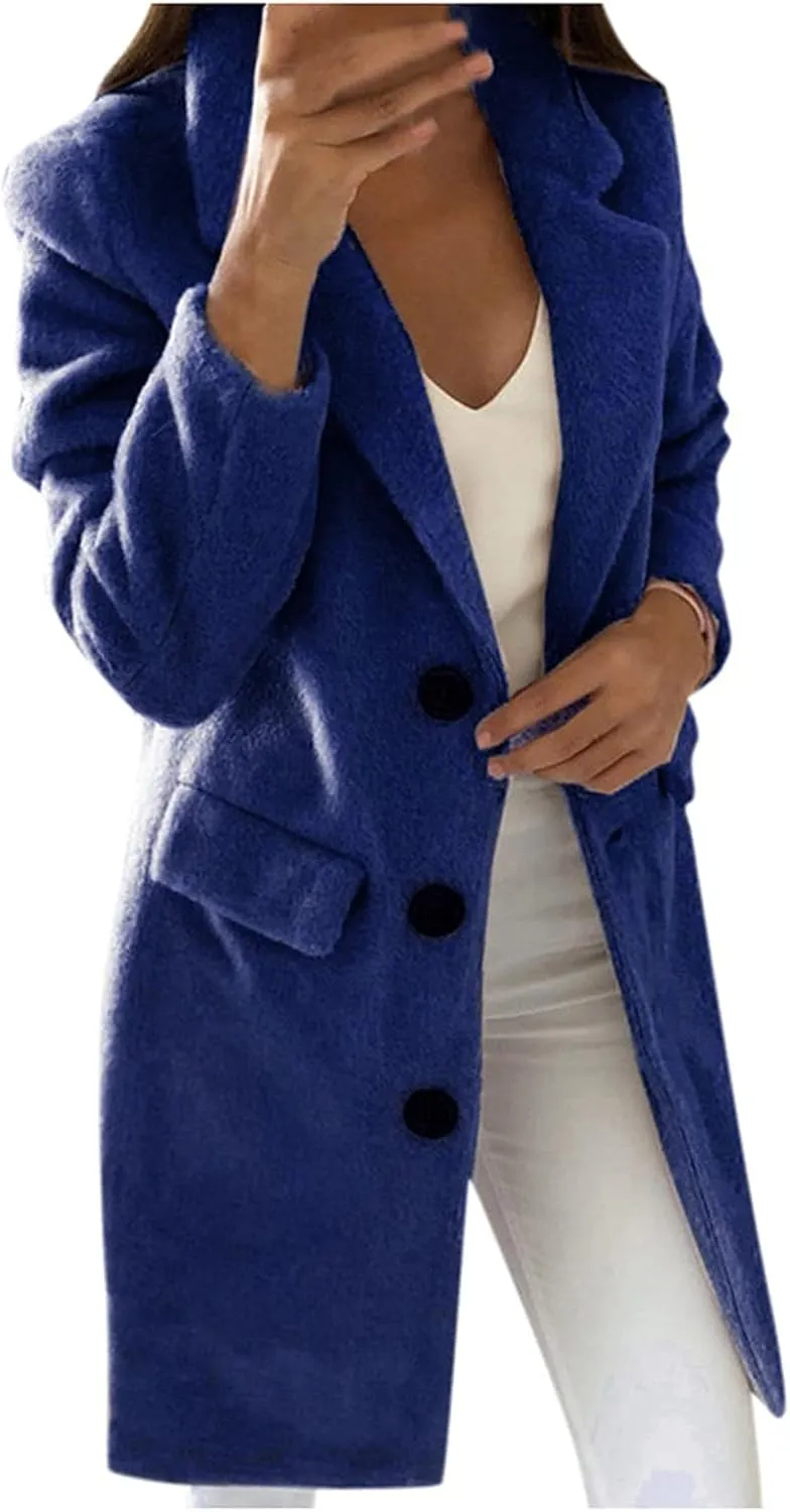 Long Coats for Women Trendy Womens Winter Wool Coat Casual Notch Lapel Double-Breasted Peacoat Elegant Warm Thicken Trench Jacket Casual Outerwear Blue X-Large