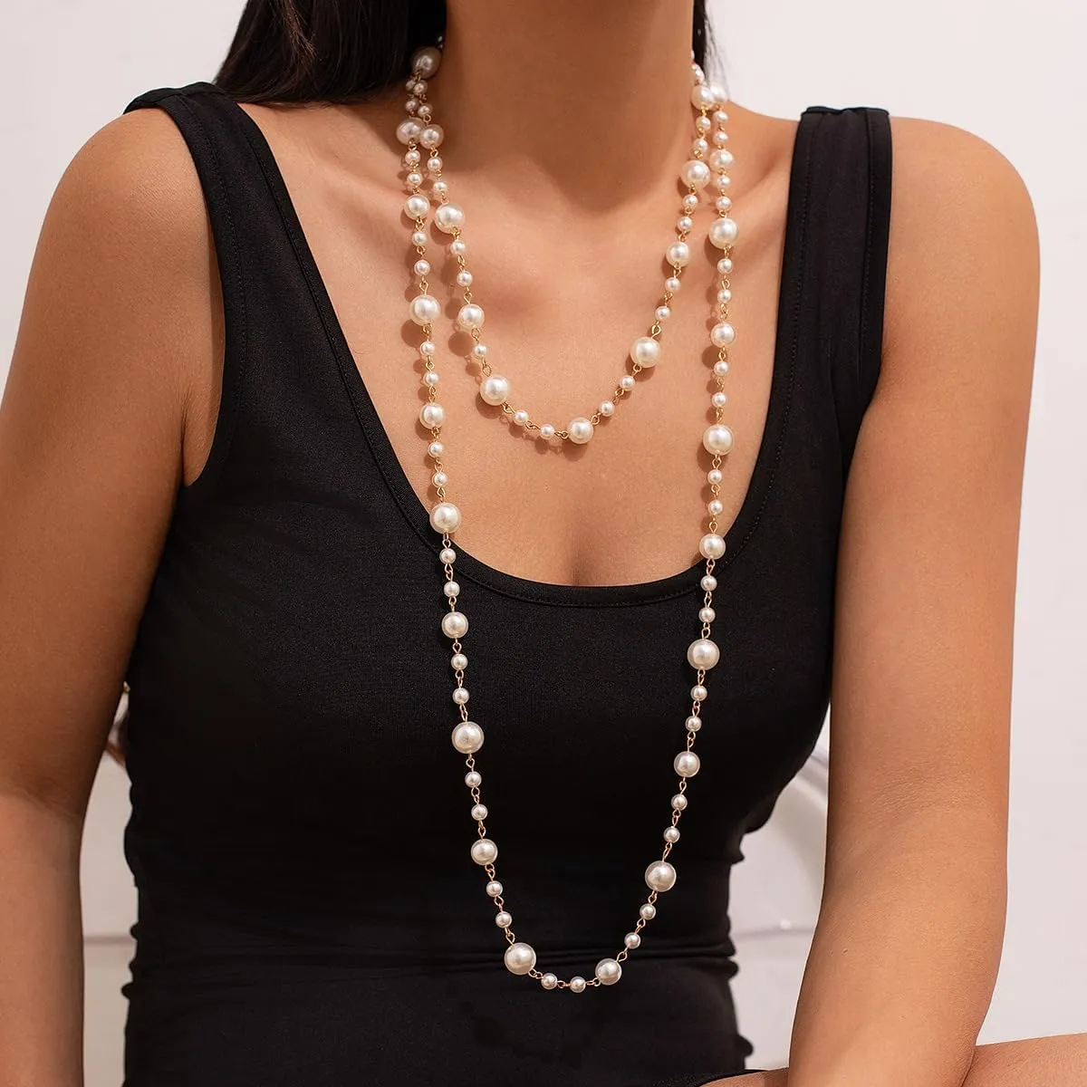 Long Pearl Necklaces for Women Dainty Layered Pearl Necklaces Pearl Long Chain Necklace Bridal Wedding Party Jewelry