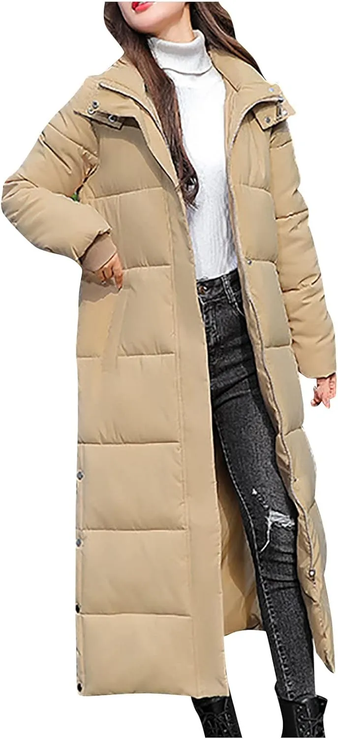 Long Quilted Coat Hooded Women Maxi Length Puffer Jacket Padded Coat Winter Thickened Side Split Down Parka Outerwear