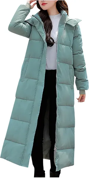 Long Quilted Coat Hooded Women Maxi Length Puffer Jacket Padded Coat Winter Thickened Side Split Down Parka Outerwear