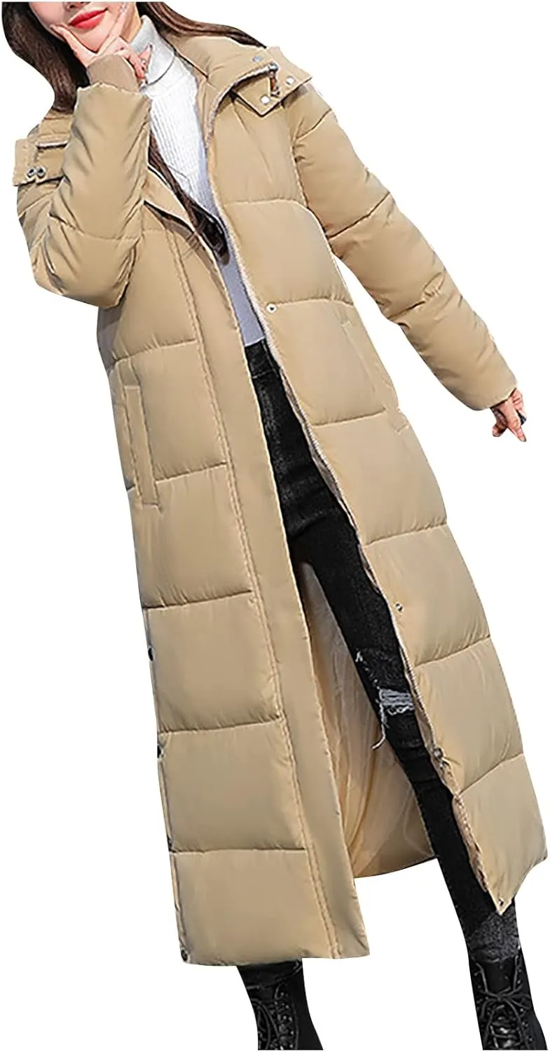 Long Quilted Coat Hooded Women Maxi Length Puffer Jacket Padded Coat Winter Thickened Side Split Down Parka Outerwear