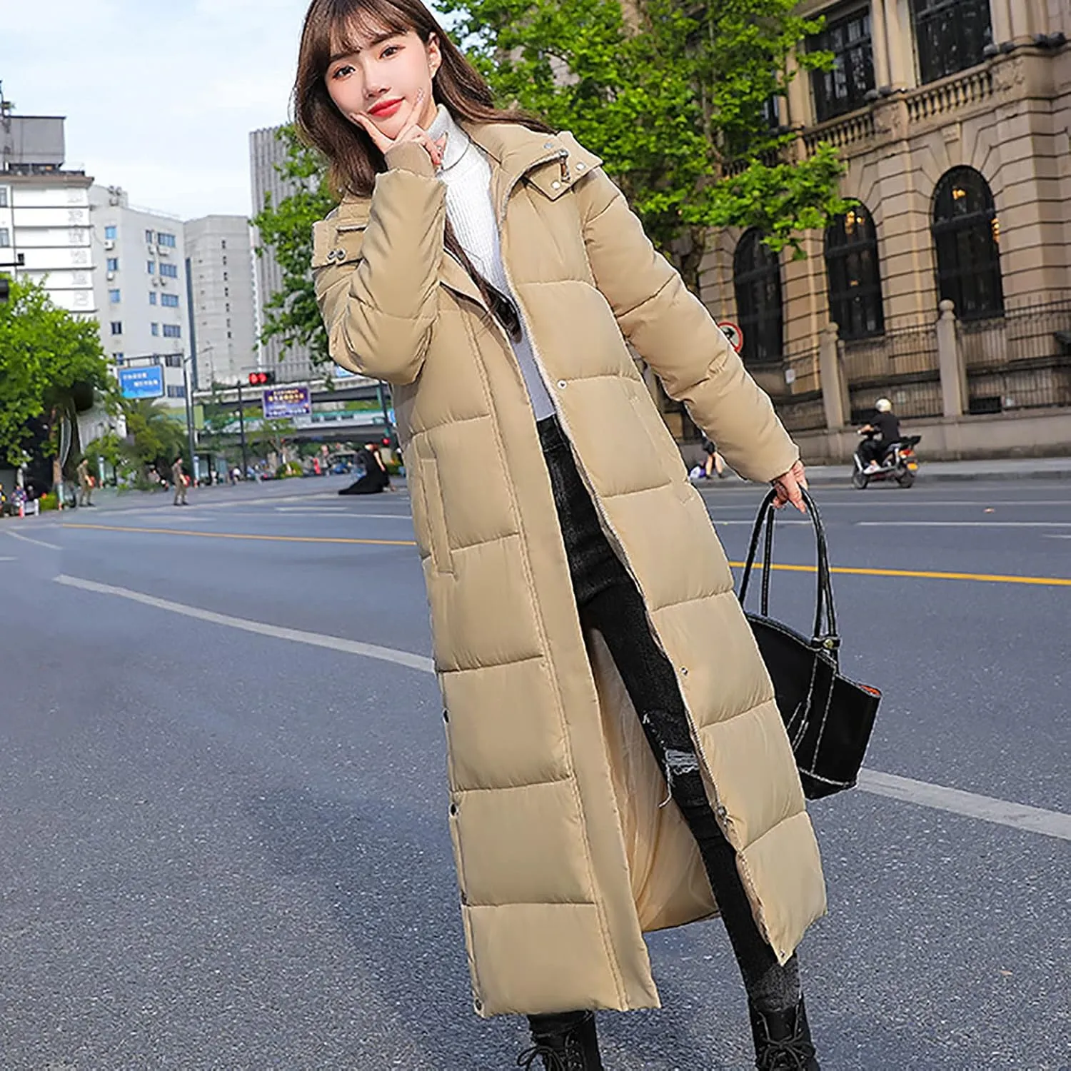 Long Quilted Coat Hooded Women Maxi Length Puffer Jacket Padded Coat Winter Thickened Side Split Down Parka Outerwear