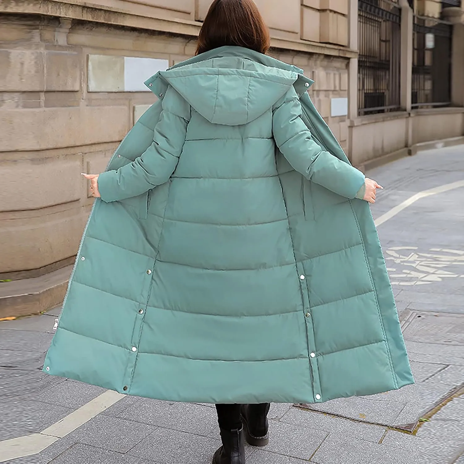 Long Quilted Coat Hooded Women Maxi Length Puffer Jacket Padded Coat Winter Thickened Side Split Down Parka Outerwear