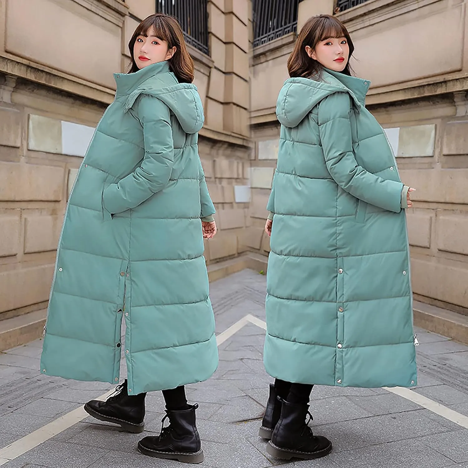 Long Quilted Coat Hooded Women Maxi Length Puffer Jacket Padded Coat Winter Thickened Side Split Down Parka Outerwear