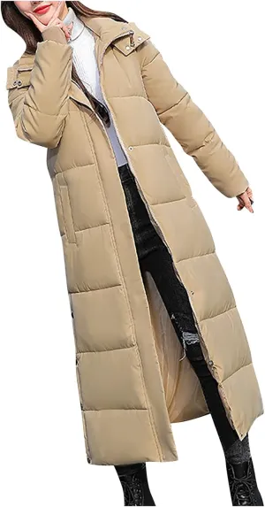 Long Quilted Coat Hooded Women Maxi Length Puffer Jacket Padded Coat Winter Thickened Side Split Down Parka Outerwear