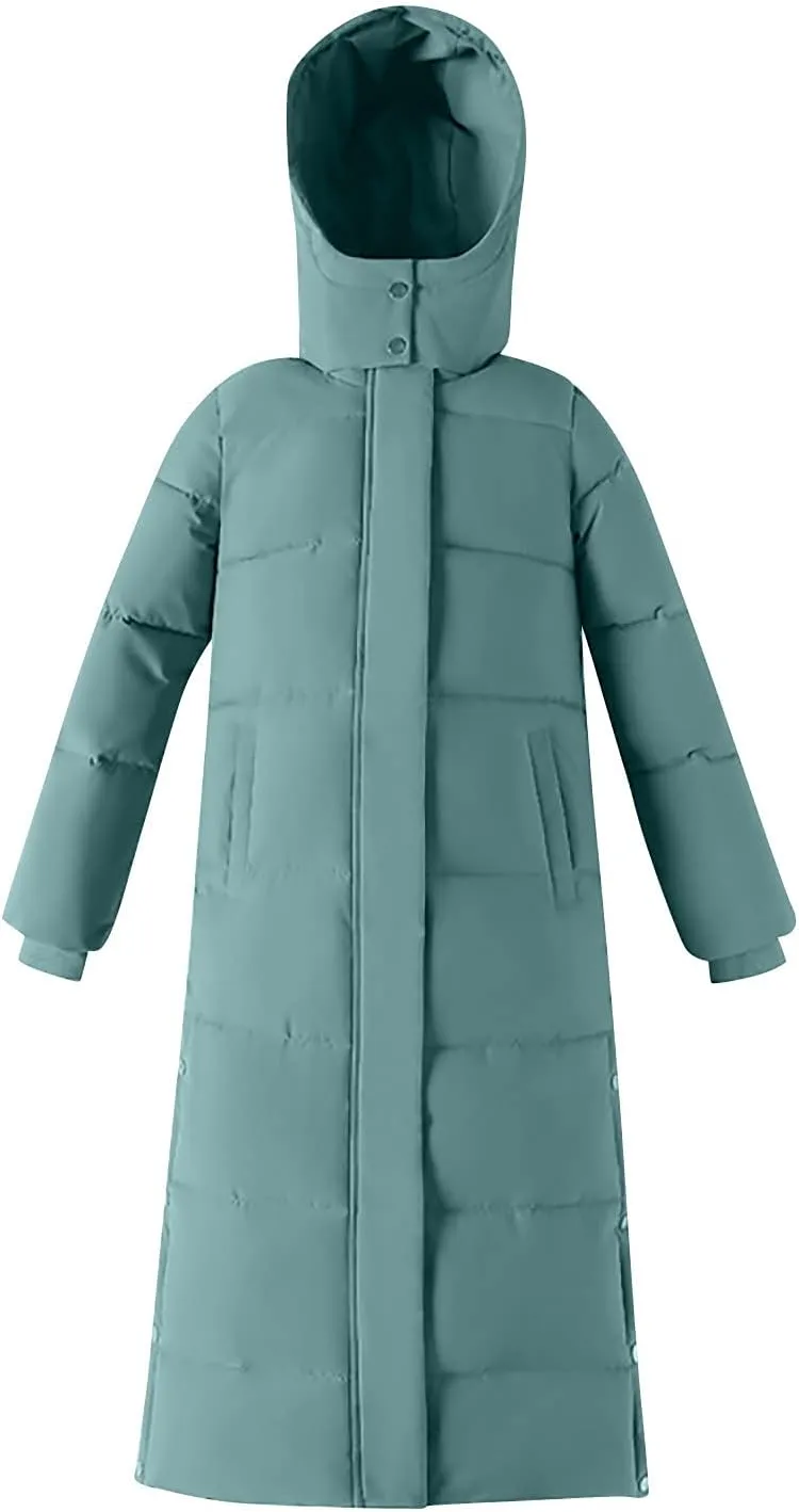 Long Quilted Coat Hooded Women Maxi Length Puffer Jacket Padded Coat Winter Thickened Side Split Down Parka Outerwear