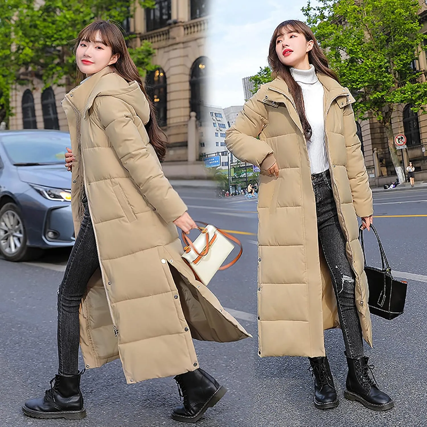 Long Quilted Coat Hooded Women Maxi Length Puffer Jacket Padded Coat Winter Thickened Side Split Down Parka Outerwear