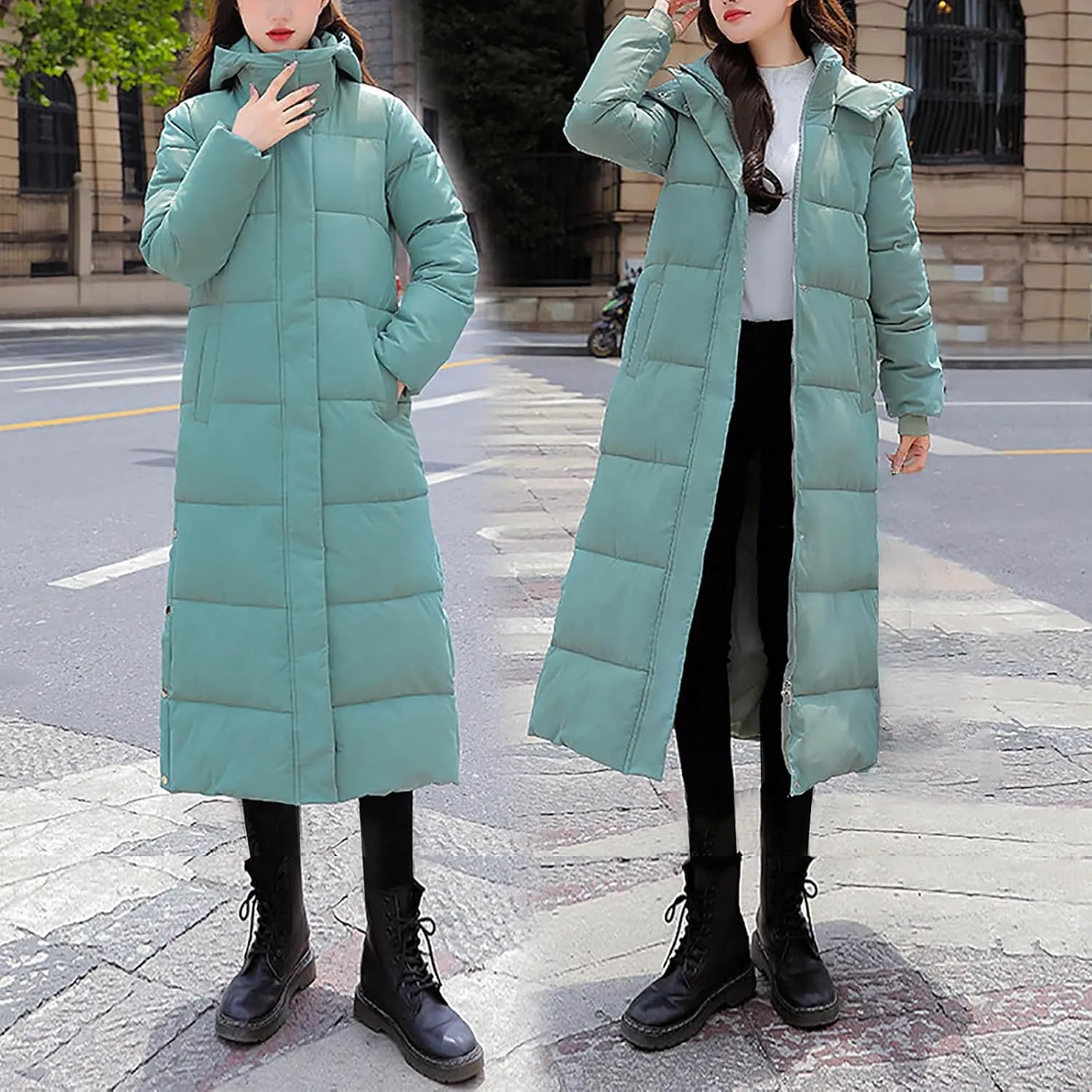 Long Quilted Coat Hooded Women Maxi Length Puffer Jacket Padded Coat Winter Thickened Side Split Down Parka Outerwear