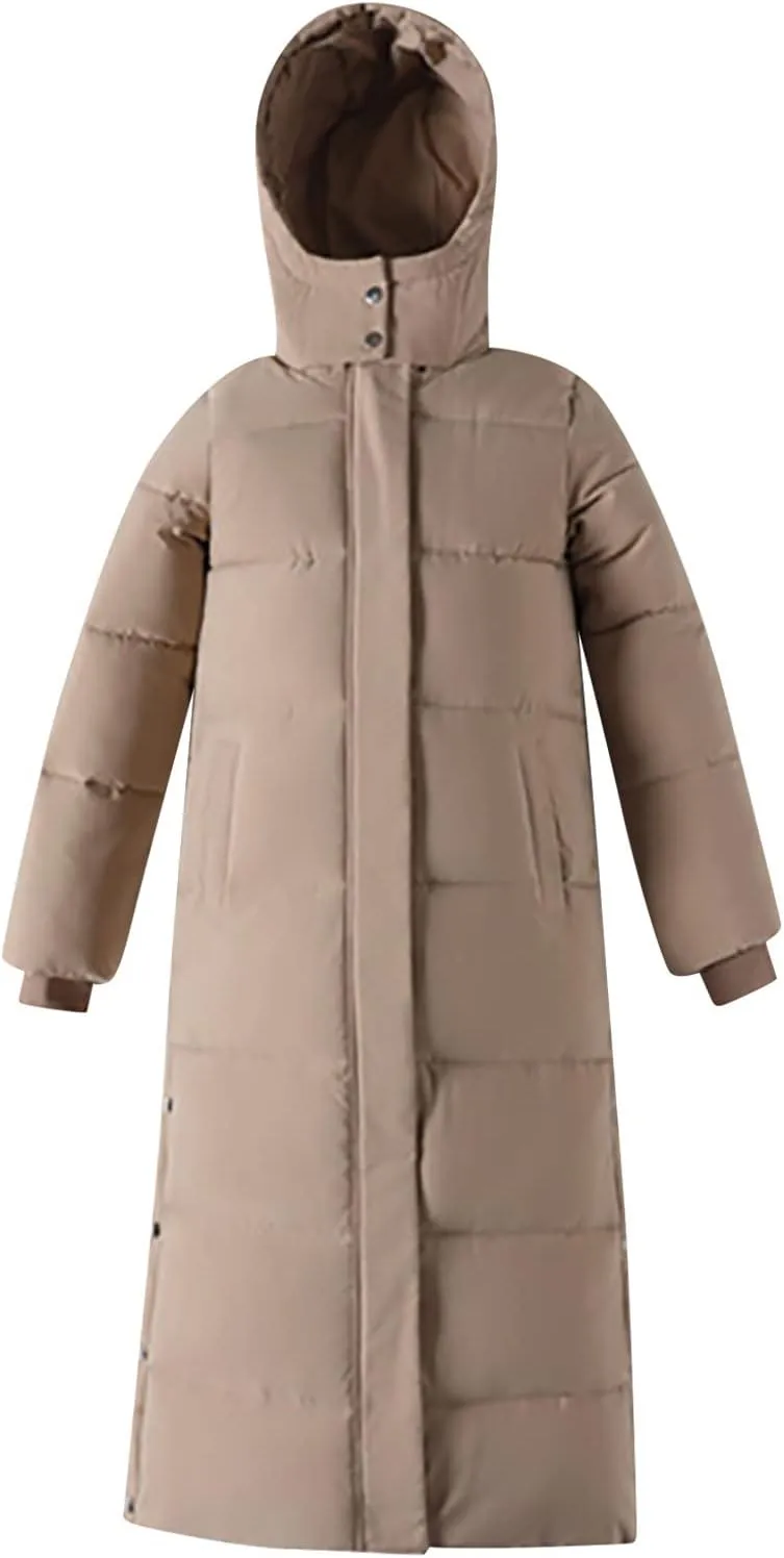 Long Quilted Coat Hooded Women Maxi Length Puffer Jacket Padded Coat Winter Thickened Side Split Down Parka Outerwear