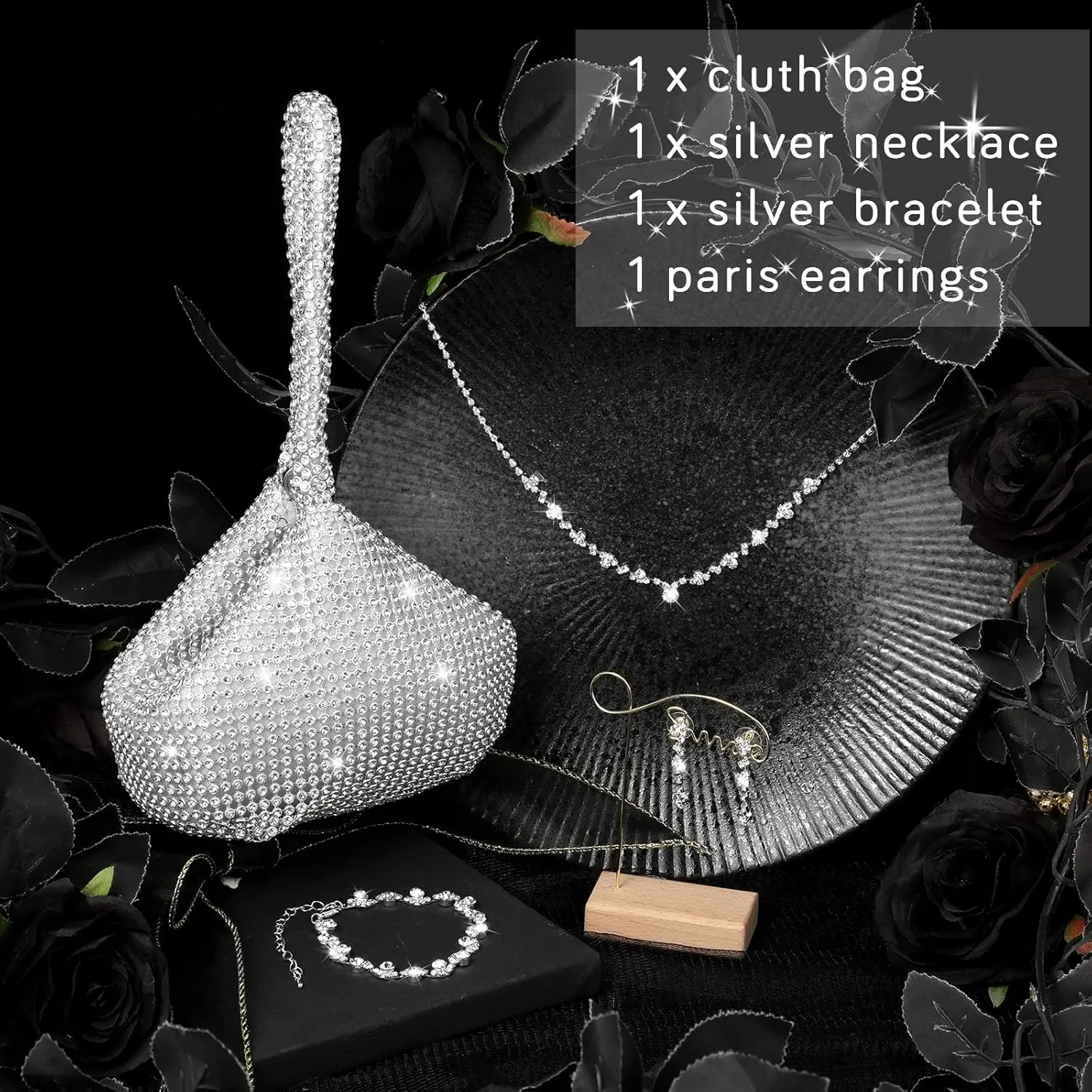 Meanplan 4 Pcs Silver Clutch Purse Jewelry Set for Women Evening Rhinestone Purse Silver Accessories for Women Bride Wedding Jewelry