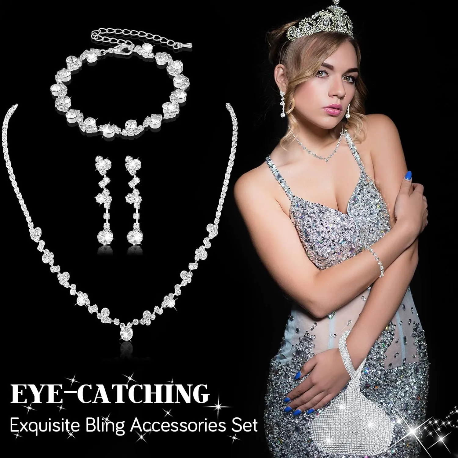 Meanplan 4 Pcs Silver Clutch Purse Jewelry Set for Women Evening Rhinestone Purse Silver Accessories for Women Bride Wedding Jewelry